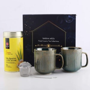 Tattva Adih Assorted Tea Gift Hamper | Lemon Green Tea, Steel Infuser & 2 Ceramic Cups | Set of 4