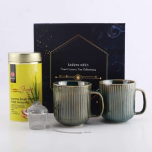 Tattva Adih Assorted Tea Gift Hamper | Lemon Ginger Green Tea, Steel Infuser & 2 Ceramic Cups | Set of 4