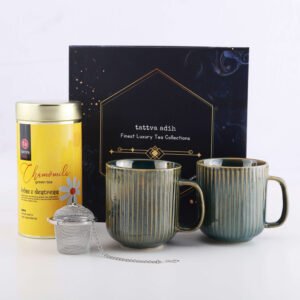 Tattva Adih Assorted Tea Gift Hamper | Chamomile Green Tea, Steel Infuser & 2 Ceramic Cups | Set of 4