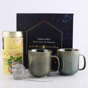 Tattva Adih Tea Gift Hamper | Ginger Tulsi Turmeric Green Tea with 2 Ceramic Cups | Set of 4